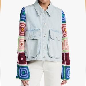 NWT Free People Blanknyc Bleached Jean Jacket W/Granny Square Sleeves Sz Medium